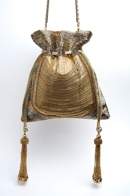 Nayaab By Sonia Gold Cut Work, Diamonds, Beads, Tassels Hinted Pewter Embroidered Potli Bag Online at Aza Fashions Nayaab By Sonia_Gold Cut Work, Diamonds, Beads, Tassels Hinted Pewter Embroidered Potli Bag _Online_at_Aza_Fashions
