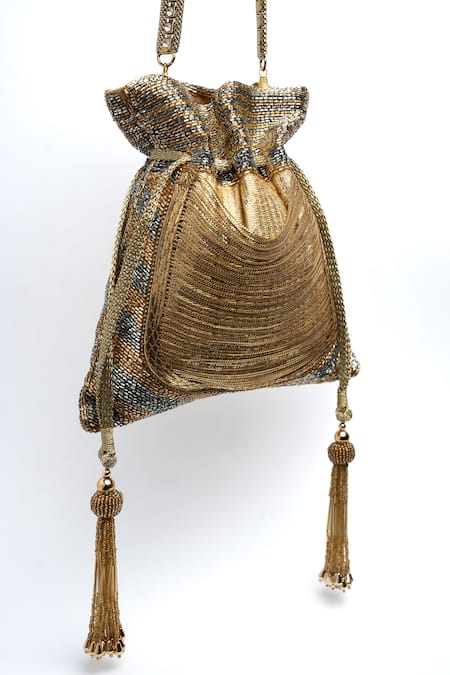 Buy Nayaab By Sonia Gold Cut Work, Diamonds, Beads, Tassels Hinted Pewter Embroidered Potli Bag Online at Aza Fashions Buy_Nayaab By Sonia_Gold Cut Work, Diamonds, Beads, Tassels Hinted Pewter Embroidered Potli Bag _Online_at_Aza_Fashions