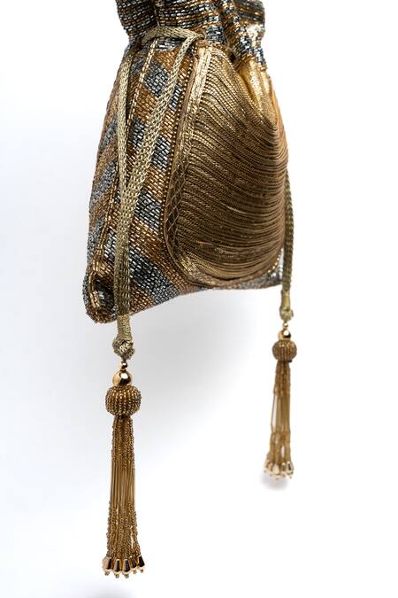 Shop Nayaab By Sonia Gold Cut Work, Diamonds, Beads, Tassels Hinted Pewter Embroidered Potli Bag Online at Aza Fashions Shop_Nayaab By Sonia_Gold Cut Work, Diamonds, Beads, Tassels Hinted Pewter Embroidered Potli Bag _Online_at_Aza_Fashions