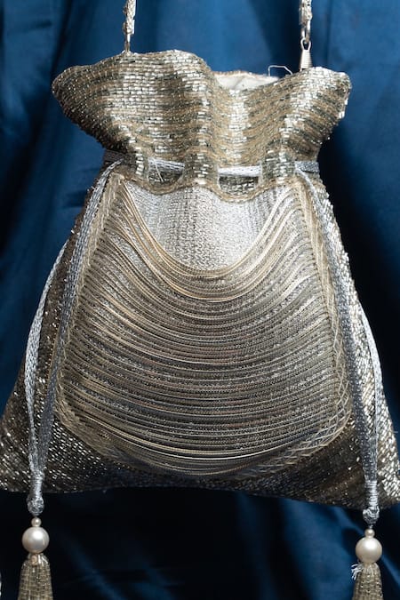 Nayaab By Sonia_Silver Beads, Diamonds, Tassels, Pearls Cutdana And Studded Potli Bag _Online_at_Aza_Fashions