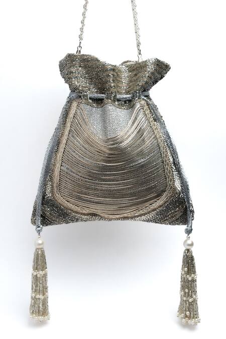 Buy_Nayaab By Sonia_Silver Beads, Diamonds, Tassels, Pearls Cutdana And Studded Potli Bag _Online_at_Aza_Fashions