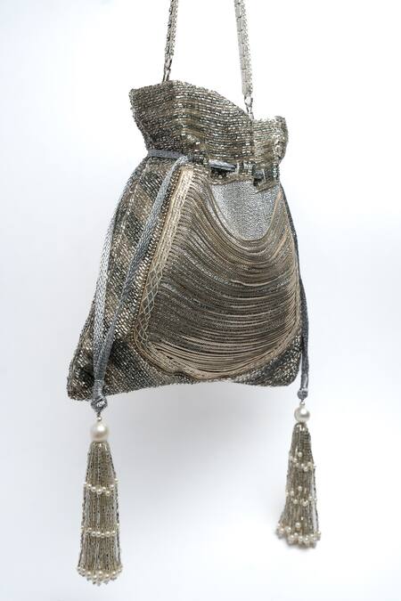 Shop_Nayaab By Sonia_Silver Beads, Diamonds, Tassels, Pearls Cutdana And Studded Potli Bag _Online_at_Aza_Fashions