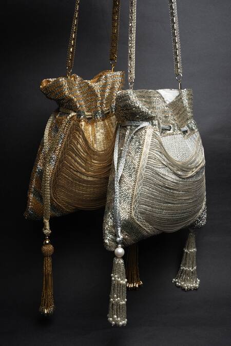Nayaab By Sonia_Silver Beads, Diamonds, Tassels, Pearls Cutdana And Studded Potli Bag _at_Aza_Fashions