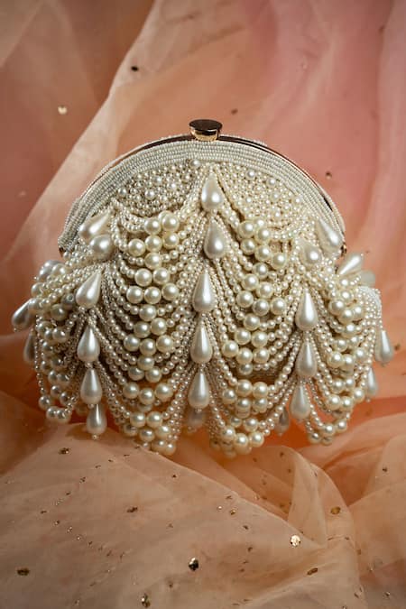 Nayaab By Sonia Gold Pearls, Beads Oyster Frame Scallop Embellished Potli 