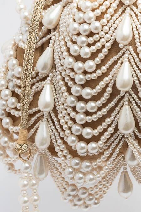 Nayaab By Sonia_Brown Pearls Oyster Velvet Embellished Potli _Online_at_Aza_Fashions
