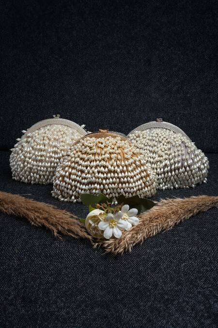 Nayaab By Sonia_White Pearls, Beads Drops Embellished Clutch_Online_at_Aza_Fashions