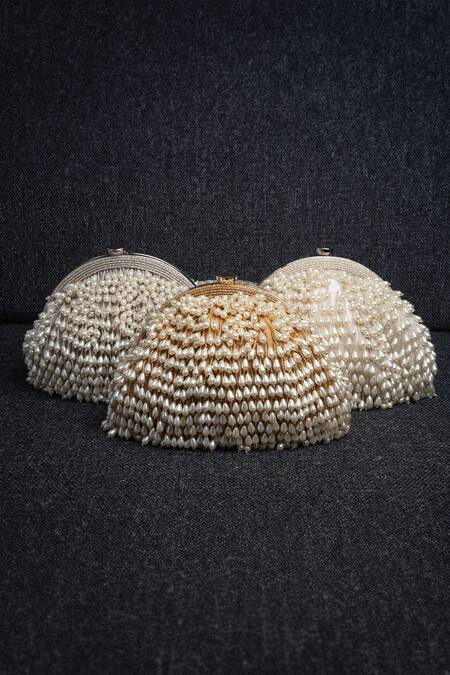Buy_Nayaab By Sonia_White Pearls, Beads Drops Embellished Clutch_Online_at_Aza_Fashions
