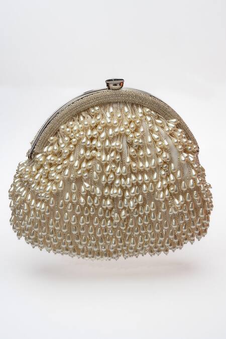 Shop_Nayaab By Sonia_White Pearls, Beads Drops Embellished Clutch_Online_at_Aza_Fashions