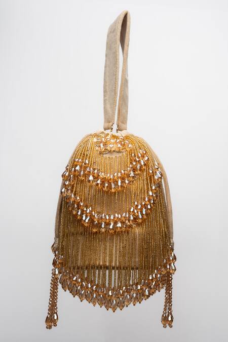 Shop Nayaab By Sonia Gold Crystals Pristine Raindrops Pearl Embellished Potli at Aza Fashions Shop_Nayaab By Sonia_Gold Crystals Pristine Raindrops Pearl Embellished Potli _at_Aza_Fashions