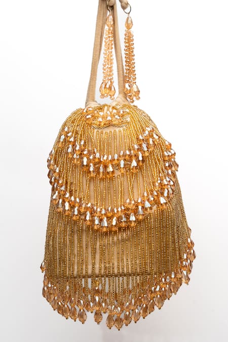 Shop Nayaab By Sonia Gold Crystals Pristine Raindrops Pearl Embellished Potli Online at Aza Fashions Shop_Nayaab By Sonia_Gold Crystals Pristine Raindrops Pearl Embellished Potli _Online_at_Aza_Fashions