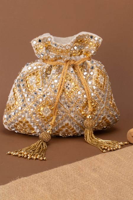 Shop Nayaab By Sonia Cream Crystals, Mirrors, Zari Royal Abla Geometric Pattern Potli at Aza Fashions Shop_Nayaab By Sonia_Cream Crystals, Mirrors, Zari Royal Abla Geometric Pattern Potli _at_Aza_Fashions