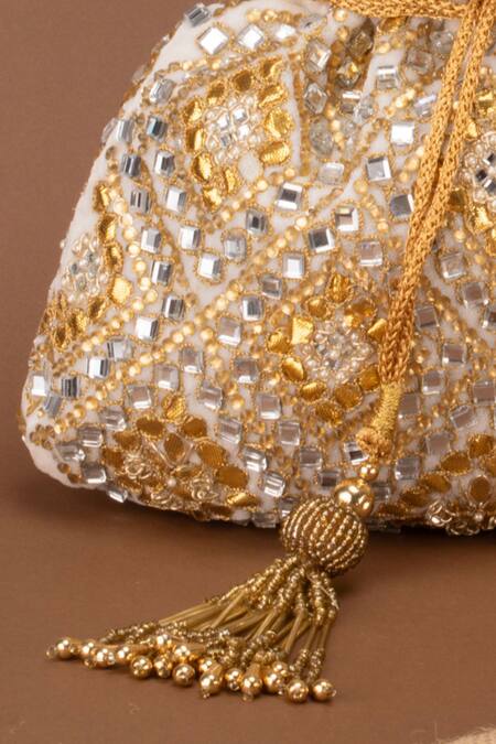 Nayaab By Sonia Cream Crystals, Mirrors, Zari Royal Abla Geometric Pattern Potli Online at Aza Fashions Nayaab By Sonia_Cream Crystals, Mirrors, Zari Royal Abla Geometric Pattern Potli _Online_at_Aza_Fashions