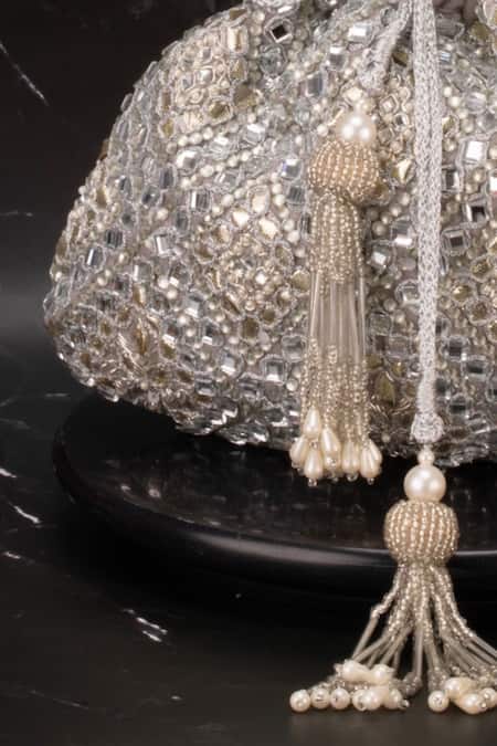 Nayaab By Sonia_Silver Crystals, Mirrors, Zari Royal Abla Sparkle Embellished Potli _Online_at_Aza_Fashions