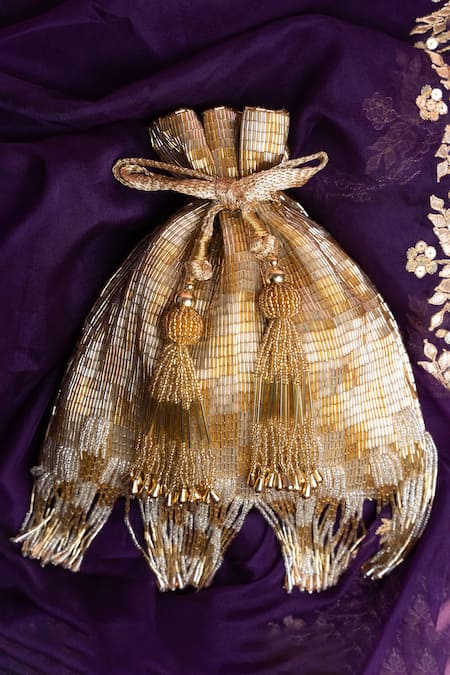 Nayaab By Sonia Gold Crystals, Cut Work Silk Tassel Embroidered Potli 