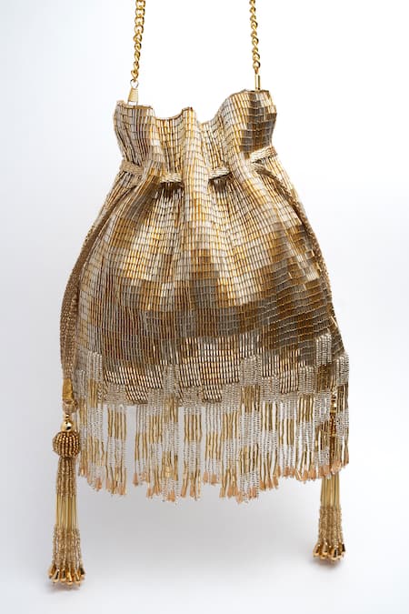Shop Nayaab By Sonia Gold Crystals, Cut Work Silk Tassel Embroidered Potli at Aza Fashions Shop_Nayaab By Sonia_Gold Crystals, Cut Work Silk Tassel Embroidered Potli _at_Aza_Fashions