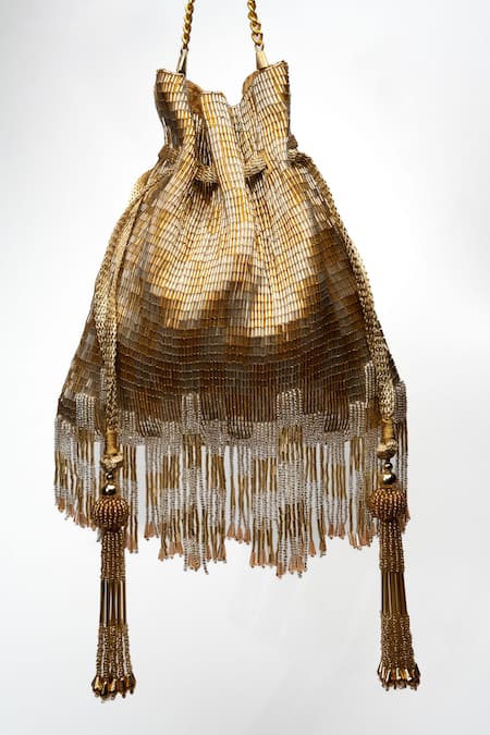 Nayaab By Sonia Gold Crystals, Cut Work Silk Tassel Embroidered Potli Online at Aza Fashions Nayaab By Sonia_Gold Crystals, Cut Work Silk Tassel Embroidered Potli _Online_at_Aza_Fashions