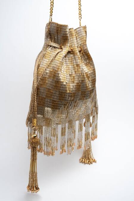 Buy Nayaab By Sonia Gold Crystals, Cut Work Silk Tassel Embroidered Potli Online at Aza Fashions Buy_Nayaab By Sonia_Gold Crystals, Cut Work Silk Tassel Embroidered Potli _Online_at_Aza_Fashions