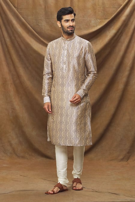 Shop Arihant Rai Sinha Grey Chanderi Silk Leaf Print Kurta Set Online at Aza Fashions Shop_Arihant Rai Sinha_Grey Chanderi Silk Leaf Print Kurta Set _Online_at_Aza_Fashions