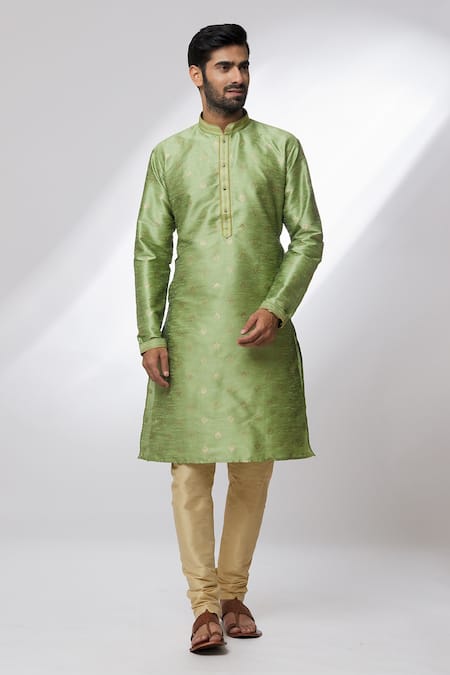 Buy_Arihant Rai Sinha_Green Jacquard, Silk Embroidery Floral Pattern Kurta _Online_at_Aza_Fashions