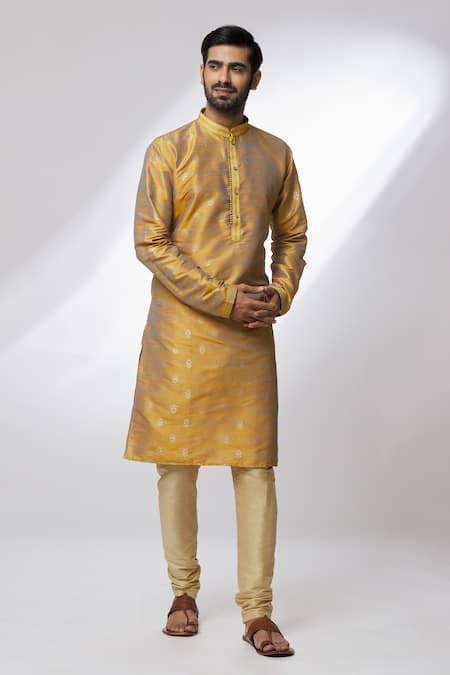 Shop Arihant Rai Sinha Gold Jacquard, Silk Embroidery Banarasi Floral Pattern Kurta at Aza Fashions Shop_Arihant Rai Sinha_Gold Jacquard, Silk Embroidery Banarasi Floral Pattern Kurta_at_Aza_Fashions