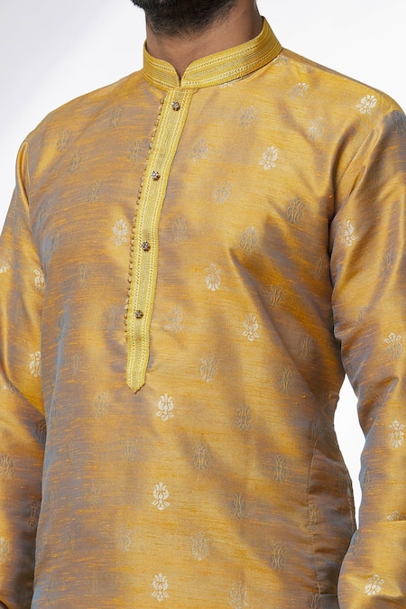Shop Arihant Rai Sinha Gold Jacquard, Silk Embroidery Banarasi Floral Pattern Kurta Online at Aza Fashions Shop_Arihant Rai Sinha_Gold Jacquard, Silk Embroidery Banarasi Floral Pattern Kurta_Online_at_Aza_Fashions