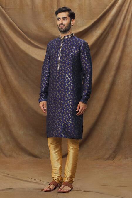 Shop Arihant Rai Sinha Blue Jacquard, , Chanderi Metallic Floral Pattern Kurta And Churidar Set Online at Aza Fashions Shop_Arihant Rai Sinha_Blue Jacquard, , Chanderi Metallic Floral Pattern Kurta And Churidar Set _Online_at_Aza_Fashions