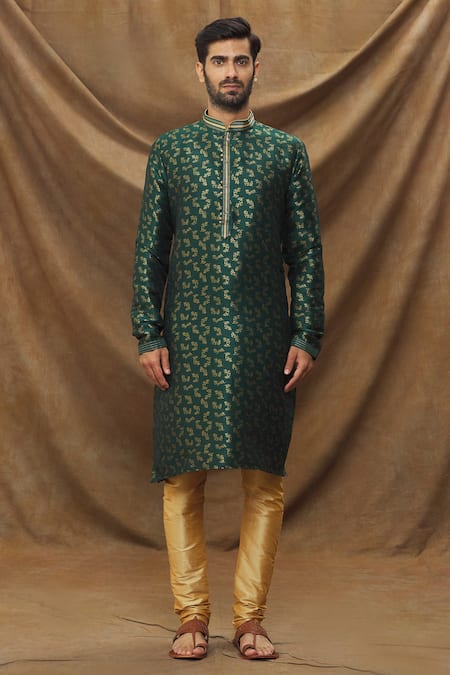 Shop_Arihant Rai Sinha_Green Jacquard, , Chanderi Embroidery Metallic Flora Pattern Kurta Set _Online_at_Aza_Fashions