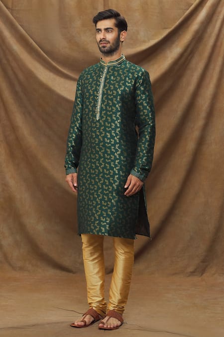 Arihant Rai Sinha_Green Jacquard, , Chanderi Embroidery Metallic Flora Pattern Kurta Set _at_Aza_Fashions