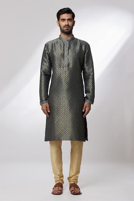 Arihant Rai Sinha_Grey Jacquard, Silk Embroidery Banarasi Floral Ogee Pattern Kurta _Online_at_Aza_Fashions