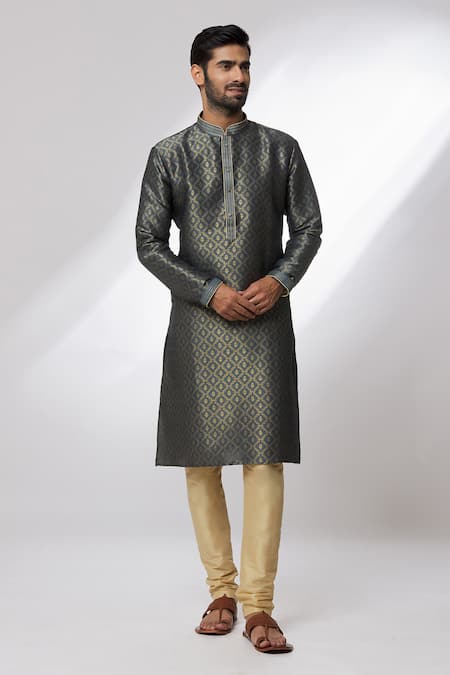 Buy_Arihant Rai Sinha_Grey Jacquard, Silk Embroidery Banarasi Floral Ogee Pattern Kurta _Online_at_Aza_Fashions