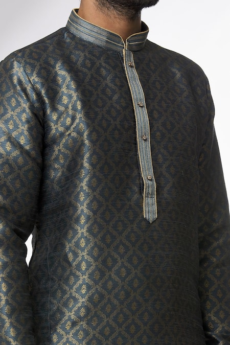 Shop_Arihant Rai Sinha_Grey Jacquard, Silk Embroidery Banarasi Floral Ogee Pattern Kurta _Online_at_Aza_Fashions