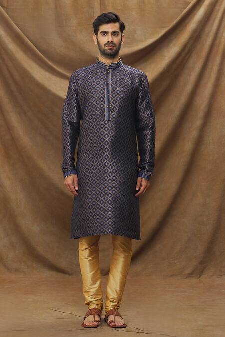 Arihant Rai Sinha_Blue Jacquard, Silk Embroidery Metallic Floret Pattern Kurta _Online_at_Aza_Fashions