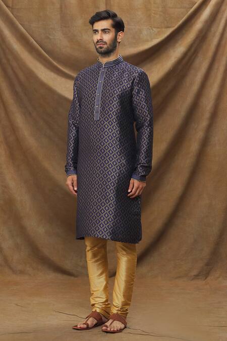 Buy_Arihant Rai Sinha_Blue Jacquard, Silk Embroidery Metallic Floret Pattern Kurta _Online_at_Aza_Fashions