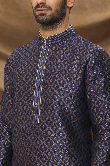 Shop_Arihant Rai Sinha_Blue Jacquard, Silk Embroidery Metallic Floret Pattern Kurta _Online_at_Aza_Fashions