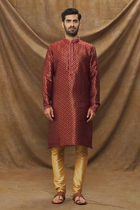 Arihant Rai Sinha Maroon Jacquard, Silk Embroidery Metallic Floret Pattern Kurta Online at Aza Fashions Arihant Rai Sinha_Maroon Jacquard, Silk Embroidery Metallic Floret Pattern Kurta _Online_at_Aza_Fashions