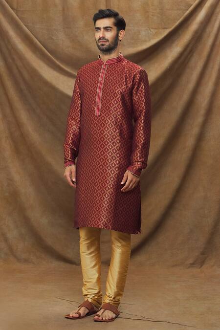 Buy Arihant Rai Sinha Maroon Jacquard, Silk Embroidery Metallic Floret Pattern Kurta Online at Aza Fashions Buy_Arihant Rai Sinha_Maroon Jacquard, Silk Embroidery Metallic Floret Pattern Kurta _Online_at_Aza_Fashions