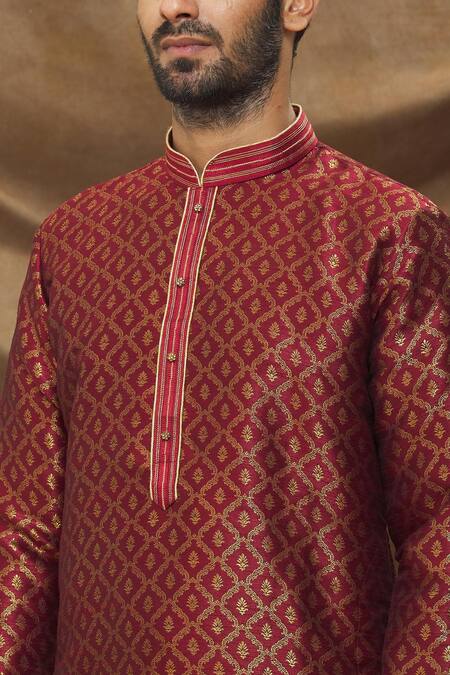 Shop Arihant Rai Sinha Maroon Jacquard, Silk Embroidery Metallic Floret Pattern Kurta Online at Aza Fashions Shop_Arihant Rai Sinha_Maroon Jacquard, Silk Embroidery Metallic Floret Pattern Kurta _Online_at_Aza_Fashions
