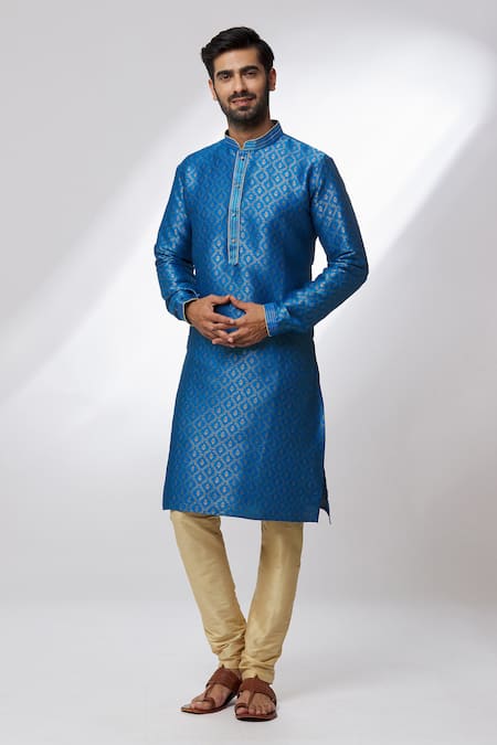 Shop Arihant Rai Sinha Blue Jacquard, Silk Embroidery Floral Ogee Pattern Kurta Set Online at Aza Fashions Shop_Arihant Rai Sinha_Blue Jacquard, Silk Embroidery Floral Ogee Pattern Kurta Set _Online_at_Aza_Fashions
