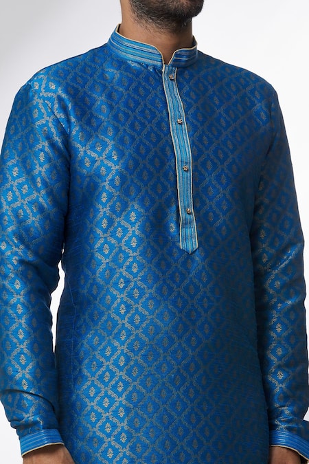 Arihant Rai Sinha Blue Jacquard, Silk Embroidery Floral Ogee Pattern Kurta Set at Aza Fashions Arihant Rai Sinha_Blue Jacquard, Silk Embroidery Floral Ogee Pattern Kurta Set _at_Aza_Fashions