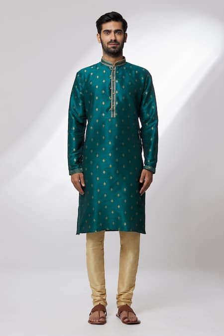 Shop Arihant Rai Sinha Green Jacquard, , Chanderi Embroidery Woven Floral Pattern Kurta Set Online at Aza Fashions Shop_Arihant Rai Sinha_Green Jacquard, , Chanderi Embroidery Woven Floral Pattern Kurta Set _Online_at_Aza_Fashions