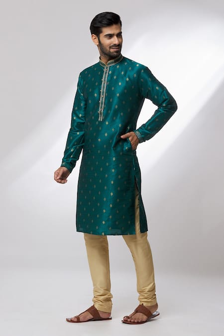 Arihant Rai Sinha Green Jacquard, , Chanderi Embroidery Woven Floral Pattern Kurta Set at Aza Fashions Arihant Rai Sinha_Green Jacquard, , Chanderi Embroidery Woven Floral Pattern Kurta Set _at_Aza_Fashions