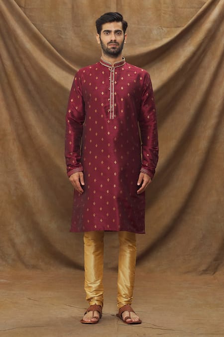 Arihant Rai Sinha_Wine Jacquard, Silk Embroidery Metallic Flora Pattern Kurta _Online_at_Aza_Fashions