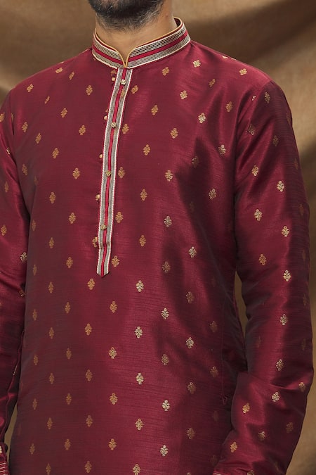 Shop_Arihant Rai Sinha_Wine Jacquard, Silk Embroidery Metallic Flora Pattern Kurta _Online_at_Aza_Fashions