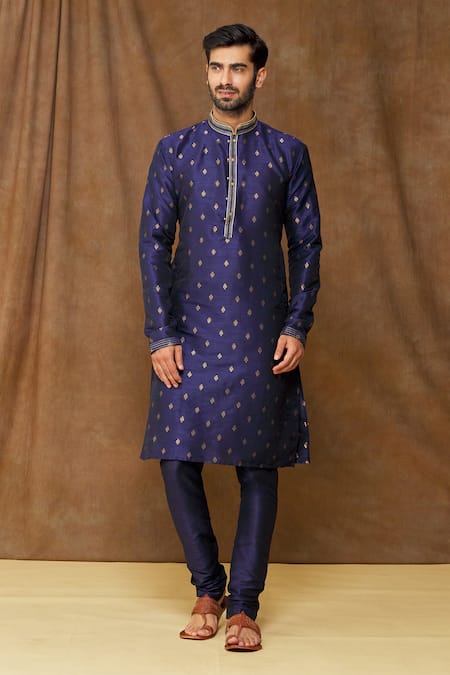 Shop Arihant Rai Sinha Blue Jacquard, Chanderi Embroidery Floral Pattern Woven Kurta Set Online at Aza Fashions Shop_Arihant Rai Sinha_Blue Jacquard, Chanderi Embroidery Floral Pattern Woven Kurta Set _Online_at_Aza_Fashions