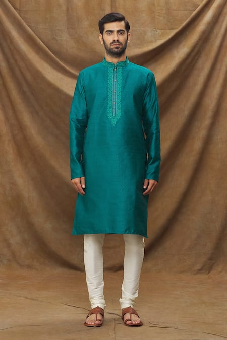 Arihant Rai Sinha_Blue Jacquard, Silk Embroidery Floral Thread Work Bodice Kurta _Online_at_Aza_Fashions