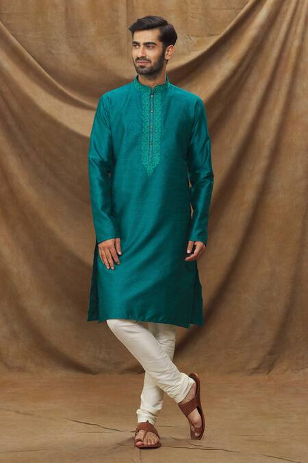 Buy_Arihant Rai Sinha_Blue Jacquard, Silk Embroidery Floral Thread Work Bodice Kurta _Online_at_Aza_Fashions