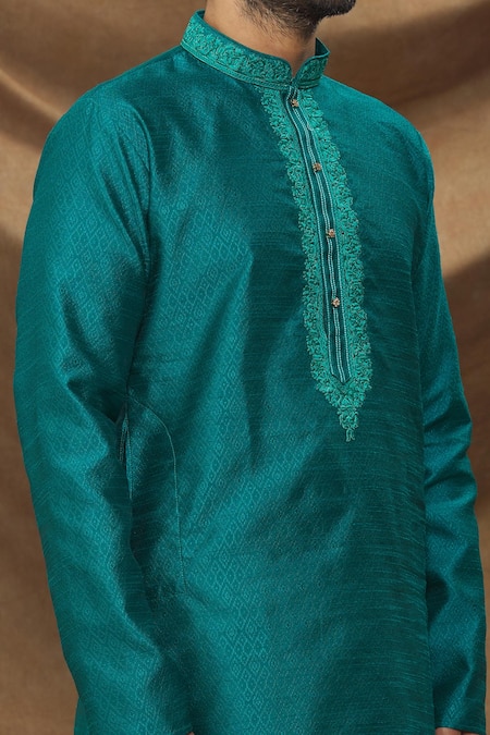 Shop_Arihant Rai Sinha_Blue Jacquard, Silk Embroidery Floral Thread Work Bodice Kurta _Online_at_Aza_Fashions