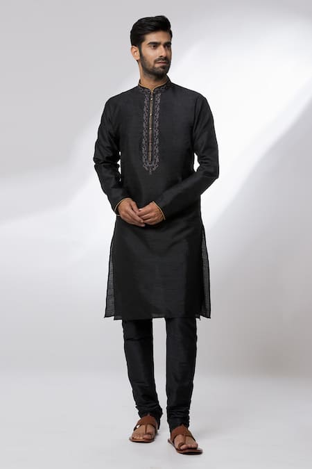 Shop Arihant Rai Sinha Black Jacquard, Chanderi Embroidery Placket Kurta Set Online at Aza Fashions Shop_Arihant Rai Sinha_Black Jacquard, Chanderi Embroidery Placket Kurta Set _Online_at_Aza_Fashions