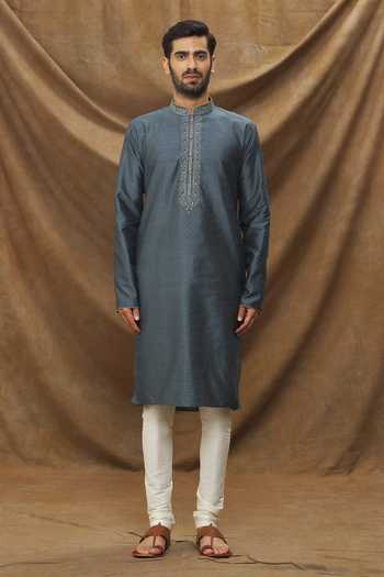 Arihant Rai Sinha_Grey Jacquard, Silk Embroidery Full Sleeve Geometric Pattern Kurta _Online_at_Aza_Fashions