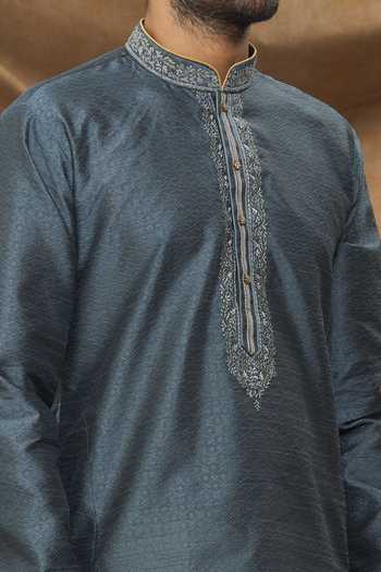 Shop_Arihant Rai Sinha_Grey Jacquard, Silk Embroidery Full Sleeve Geometric Pattern Kurta _Online_at_Aza_Fashions